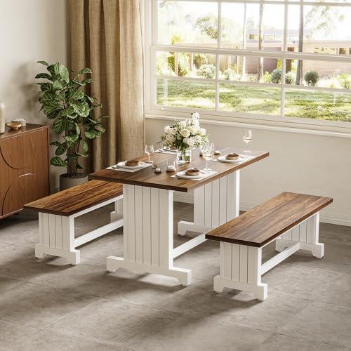 LITTLE TREE Dining Table Set for 4 with 2 Benches, Modern Kitchen Table with MDF Board, Space-Saving Dinette for Kitchen, Dining Room, Brown and White - Image 2