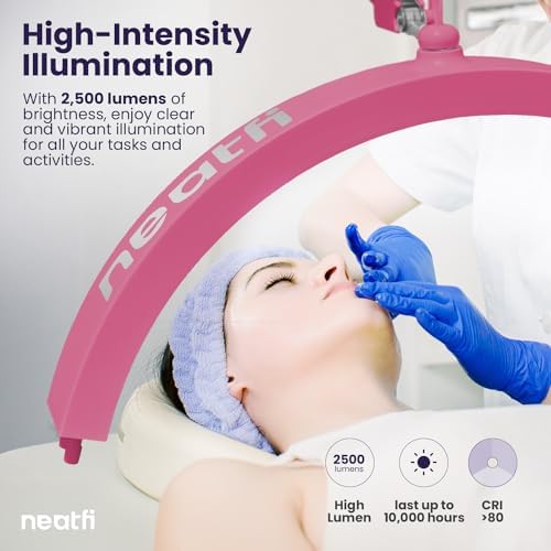 Neatfi Half Moon LED Table Lamp for Estheticians & Nail Techs – 2,500 Lumens | 5 Light Modes | Professional Task Lamp for Facial, Waxing, Threading & Tattoo (Pink, CCT with Clamp) - Image 2
