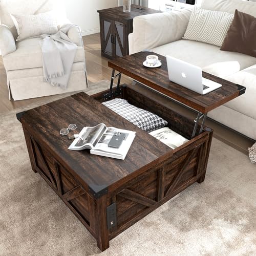jimeimen Farmhouse Lift Top Coffee Table with Storage, Wood Square Center Table with Charging Station&USB Port, Living Room Table w/Large Hidden Space, for Living Room, Bedroom, Home Office, Brown by jimeimenFurniture