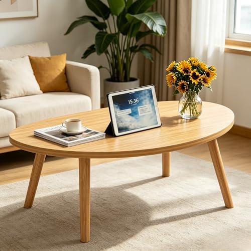 Coffee Table Low Table with Solid Wood Legs, 31.5x19.7 Large Coffee Table Side Table, Floor Table Desk for Sitting on The Floor, Living Room Furniture for Office Apartment Home, Pebble-Natural - Image 3