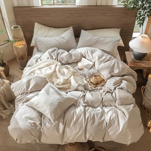MooMee Wavy Striped Duvet Cover Set 100% Washed Cotton Linen Like Textured Breathable Durable Soft Comfy (Beige, Full 80"x90") - Image 4
