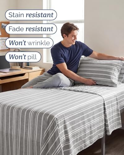 Twin XL 3 Piece Sheet Set - College Dorm Room Essentials - Grey Stripes - Image 5