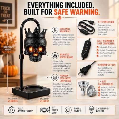 Skull Candle Warmer Lamp with Timer, Dimmable Black Gothic Halloween Decor - Image 3