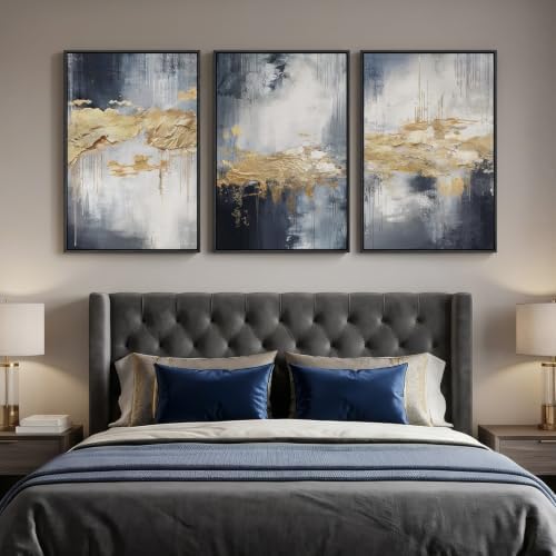 Large Framed Blue and Gold Abstract Wall Art for Living Room, 3 Piece 24x36 - Image 2