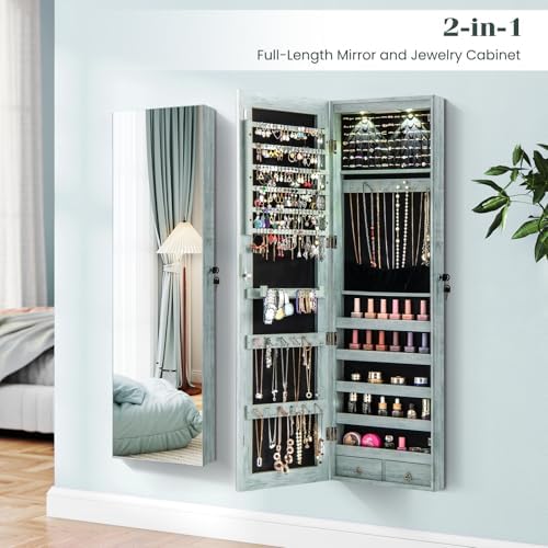 NAFORT 2 LEDs Mirror Jewelry Armoire, 47.5" H Door or Wall Mounted Jewelry Cabinet with Frameless Mirror, Lockable Jewelry Storage Box, Hanging Jewelry Organizer with 2 Drawers, Vintage Blue - Image 7