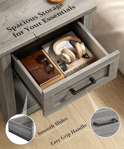Decofy Farmhouse Nightstand with Charging Station, Grey Oak - Image 6