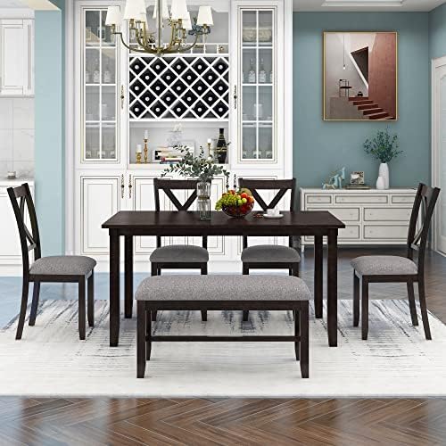 6-Piece Rustic Farmhouse Wood Dining Set, Espresso by Unknown