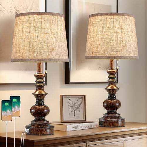 Drawealth 22'' Farmhouse Bedside Table Lamps Set of 2 for Bedroom Nightstand Lamps with USB A+C Charging Ports Traditional Small Table Lamp for Living Room End Tables,Pull Chain,Bulbs Not Included by Drawealth