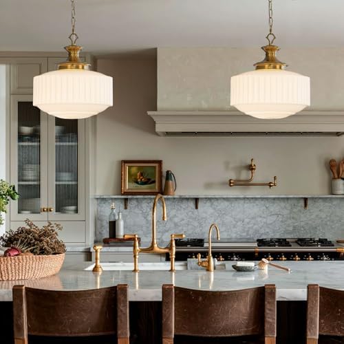 Vintage Brass Milk Glass Pendant Light Fixture, 13.8" White Pleated Glass Chandelier, Antique Pendant Lights, for Kitchen Island Lighting, Hallway, Bedroom, Dining Room, Foyer, E26 Bulb Included - Image 3