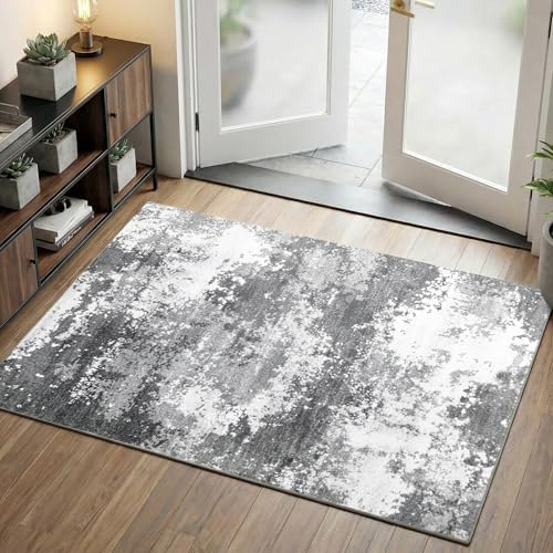Entryway Rug 3x5 Grey Door Mat Indoor Entrance 36x60, Washable Small Throw Rugs for Kitchen Floor, Entry, Front Door, Bedroom Bedside, Non-Slip Low Pile Stain & Fade Resistant, Abstract Gray by Acapet
