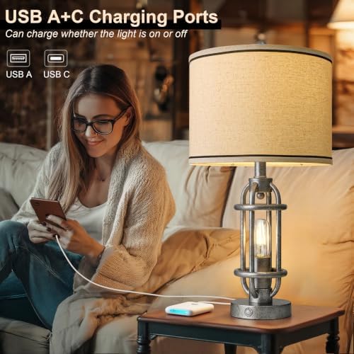 G-SAFAVA 23.75'' Table Lamps Set of 2 for Living Room Bedroom Industrial Farmhouse Metal Touch Lamps with USB A+C Ports, Night Light Vintage Nightstand Bedside Lamp, Bulbs Included, Antique Silver - Image 3