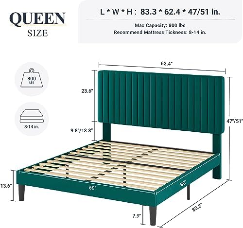 Allewie Queen Bed Frame, Velvet Upholstered Platform Bed with Adjustable Vertical Channel Tufted Headboard, Mattress Foundation with Strong Wooden Slats, Box Spring Optional, Easy Assembly, Teal - Image 2