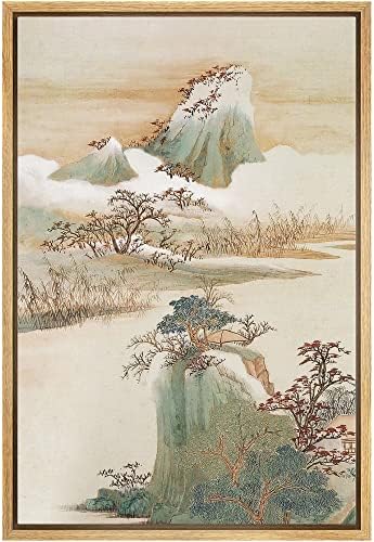 NWT Framed Canvas Print Wall Art Japanese Pastel Jungle Mountain Nature Wilderness Illustrations Modern Art Decorative Landscape Rustic Zen Colorful for Living Room, Bedroom, Office - 24"x36" Natural by NWT