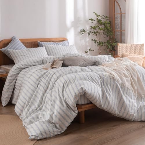 BESTOUCH Striped Cotton Duvet Cover Set Linen Feel Alaska King - Image 5