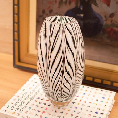 Murano Style Glass Vase Hand Blown Black and White Feather Pattern Effect - Image 4