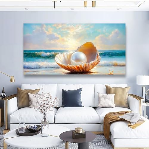 Seashells Pearls Pictures Canvas Wall Art Living Room Office Bedroom Wall Decor Sea Landscape Wall Art Prints Modern Blue and White Landscape Artwork Waterproof Ready to Hang - 20x40 inches - Image 3