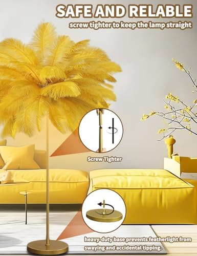 Feather Floor Lamp,Fluffy Ostrich Feather Floor Lamp for Bedroom,3 Color Temperatures Led Corner Modern Floor Lamps for Living Room Christmas Home Decor House Warming Gifts,63″ Height(Golden) - Image 6