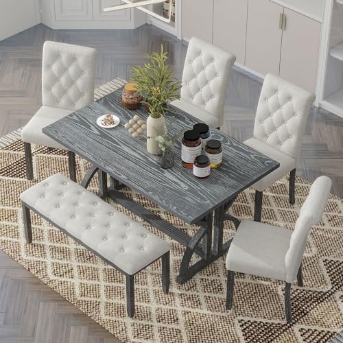Merax 6-Piece Rustic Farmhouse Kitchen Dining Table Set, Modern 59.8'' Rectangular Dining Table with 4 Upholstered Chairs & 1 Bench for Kitchen Room, Gray Wash+Beige - Image 2