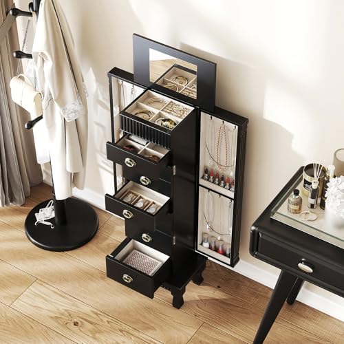 DREAMADE Jewelry Armoire, Standing Jewelry Box w/Mirror & 7 Drawers, Black - Image 2