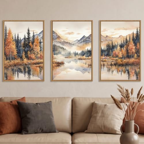 LHIUEM Large Neutral Mountain Framed Canvas Wall Art,Nature Foggy Forest Wall Decor,Watercolor Autumn Landscape Wall Painting,Woodland Artwork for Living Room,Bedroom,Dining Room,Office -16"x24"x3 by LHIUEM