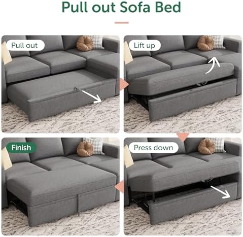 HONBAY Modular Sectional Sleeper Sofa with Pull Out Bed, L Shaped Couch with Storage Seat, Modular Sectional Couches for Living Room - Dark Grey - Image 7