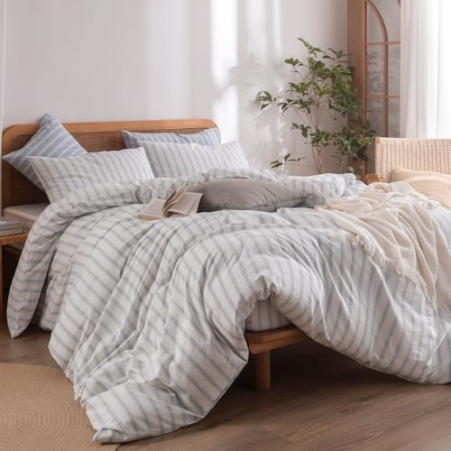 BESTOUCH Striped Cotton Duvet Cover Set Linen Feel King - Image 5