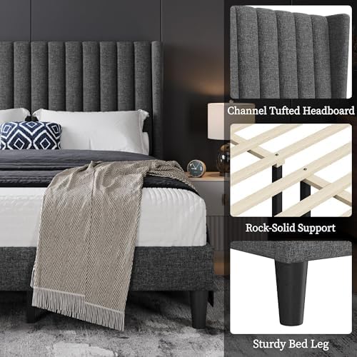Yaheetech Full Bed Frame with Headboard, Dark Gray Channel-Tufted Platform - Image 4