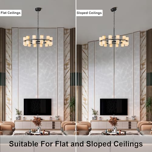 Alabaster Round Chandelier, Natural Spanish Stone Texture Chandeliers, D23.6in Round Chandeliers for Dining Room Small Chandelier Light Fixture for Kitchen Living Room Foyer Entryway Hallway (Black) - Image 4