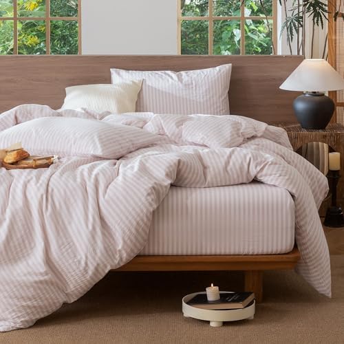 MooMee Striped Duvet Cover Set 100% Washed Cotton Linen Like Queen - Image 6