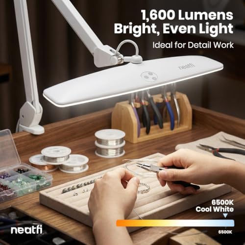Neatfi Elite HD XL Desk Lamp – 1,600 Lumens, 22” Wide Head, 6500K Daylight | Non-Polar Dimming, Adjustable | Office, Study & Home Workspace (White, Non-CCT with Clamp, 22 Inches) - Image 6