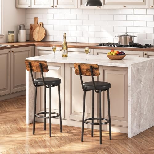 HOOBRO Bar Stools, Bar Stools Set of 2 with PU Upholstered, Bar Chairs with Footrest and Back, 26" Bar Stools for Kitchen Island, Dining Room, Easy to Assemble, Rustic Brown and Black BF31BY01G2 - Image 2