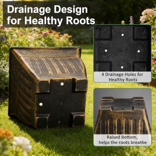 4-Pack 14 Inch Large Square Planters, Embossed Leaf Pattern, Antique Gold - Image 5