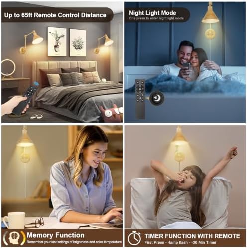 TRLIFE Dimmable Wall Sconce, Remote Control Plug in Wall Sconce Dimming 10%-100% and Adjustable Color Temperature 2700K-6000K, Swing Arm Wall Lights with Plug in Cord, UL Listed(2 Pack, Oak Color) - Image 3