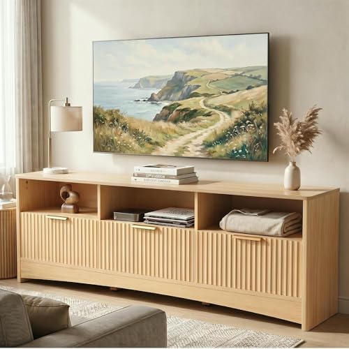 Marsail Fluted TV Stand for 65 inch TV, Modern Entertainment Center with Drawers, Boho TV Stands Wood Media Console Cabinet with Storage and Shelves, TV Consoles for Living Room, Bedroom, Oak - Image 3