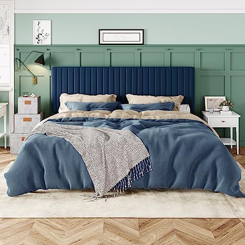 Allewie King Bed Frame, Velvet Upholstered Platform Bed with Adjustable Vertical Channel Tufted Headboard, Mattress Foundation with Strong Wooden Slats, Box Spring Optional, Easy Assembly, Navy Blue - Image 3