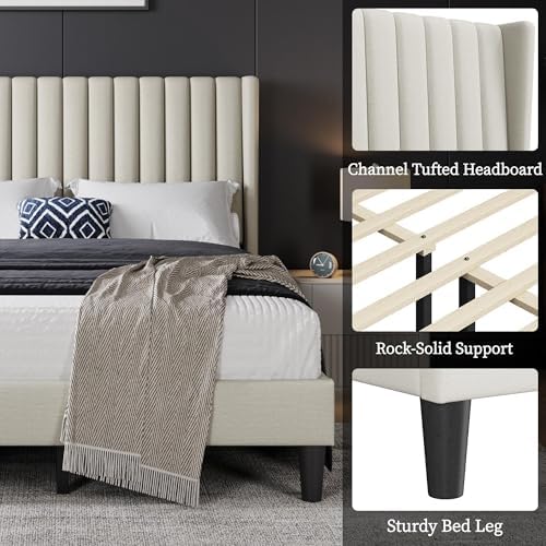 Yaheetech Full Bed Frame with Headboard,Ivory Channel-Tufted Platform - Image 4