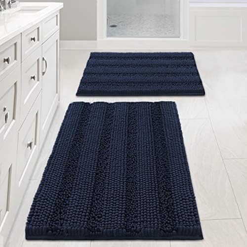 H.VERSAILTEX Navy Blue Bathroom Rugs 2 Piece, Bath Mat Set Slip-Resistant Extra Absorbent Soft and Fluffy Striped Chenille Bath Rugs, Floor Mats Dry Fast Machine Washable (20" x 32"/17" x 24") by HVERSAILTEX