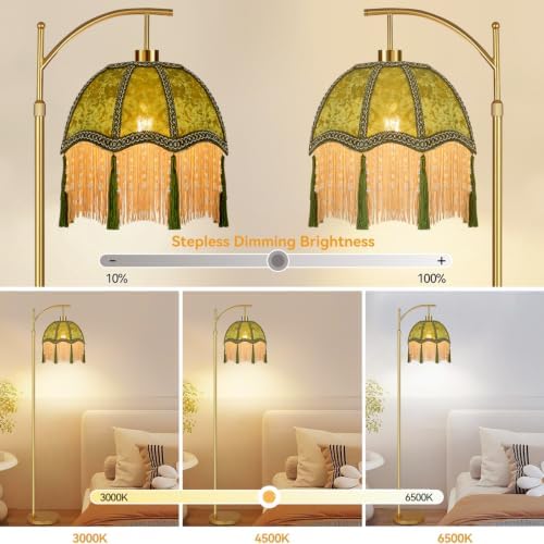 Vintage Floor Lamps for Living Room Boho Rustic Floor Lamp with Remote Control & 3 Color Temperature,Dimmable Gold Floor Lamp Mid Century Modern Standing Lamp Fringe Green Tall Floor Lamp For Bedroom - Image 2