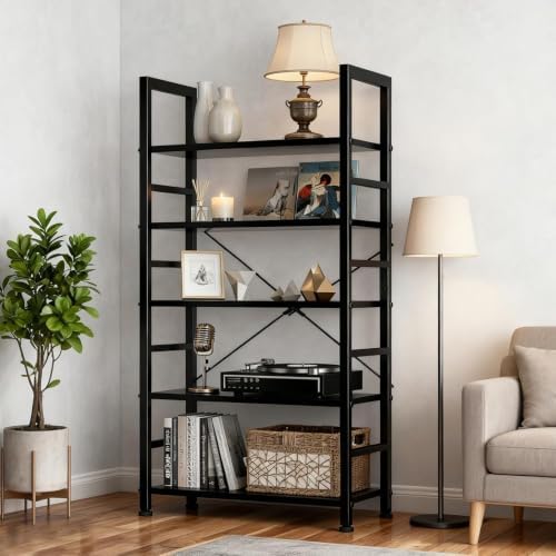 5 Tier Bookshelf, Free Standing Black Bookcase with Open Storage Shelves - Image 2