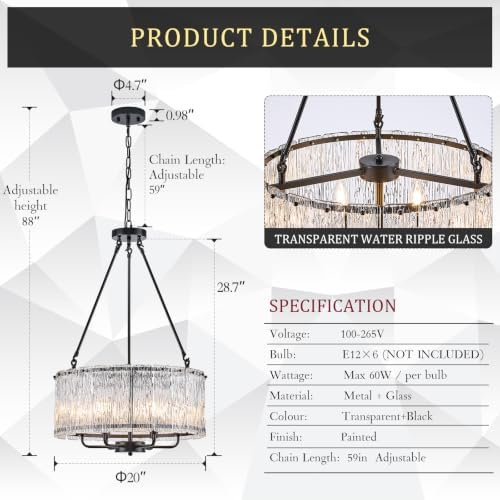 CATINER Modern 20" Crystal Glass Chandelier 6-Light Black Chandeliers - Image 3