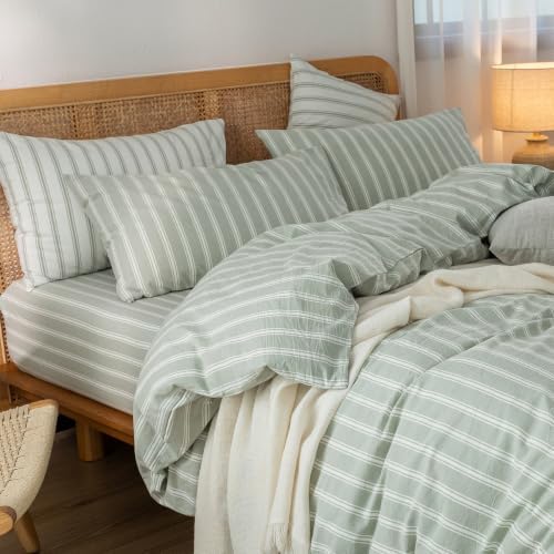 BESTOUCH Striped Cotton Duvet Cover Set Linen Feel Twin - Image 2