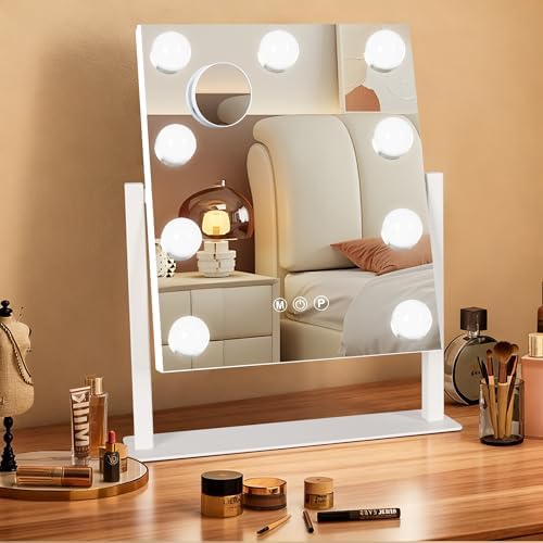 Ratsamee Hollywood Vanity Mirror with Lights, 12" x 14", 9 Dimmable Bulbs, 3 Color Lights, Make Up Lighted Mirror, 10x Magnification 360°Rotation White by RATSAMEE