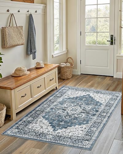 Amada 3x5 Washable Area Rug for Bedroom, Blue, Vintage Pattern - Image 3