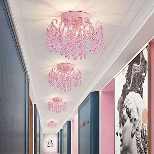 Q&S Mini Crystal Chandelier,Semi Flush Mount Pink Girl Chandelier, Small Crystal Ceiling Light Fixture Bedroom Bathroom Closet Nursery 3 Lights - Image 3