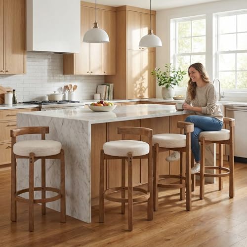 LukeAlon Mid Century Linen Bar Stools Set of 4, 30.25" Seat Height Upholstered Barstools with Wood Legs Modern Tall Bar Chair with Curved Low Back Round Footrest for Pub Home Kitchen Island, Beige by LukeAlon