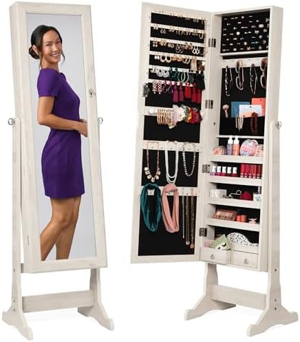 Best Choice Products Freestanding Jewelry Armoire Cabinet, Full Length Standing Mirror, Lockable Makeup Storage Organizer, w/Velvet Lining, 3 Angles, Lock, Accessory Pouch, 5 Shelves - Coastal White by BestChoiceProducts