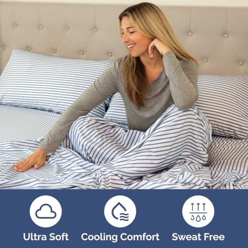 Short Queen Size 4 Piece Bed Sheet Set - RV Short Queen - Blue Stripes - Image 4