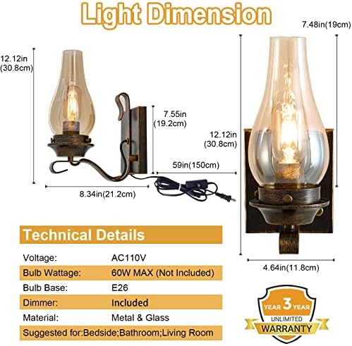 Yisuro Wall Sconces Sets of 2, Oil Rubbed Bronze Plug in Wall Sconce,Retro Rustic Wall Lamps,Sconces Wall Lighting with Amber Glass,Indoor Vintage Bedside Wall Lighting for Living Room Bathroom - Image 3