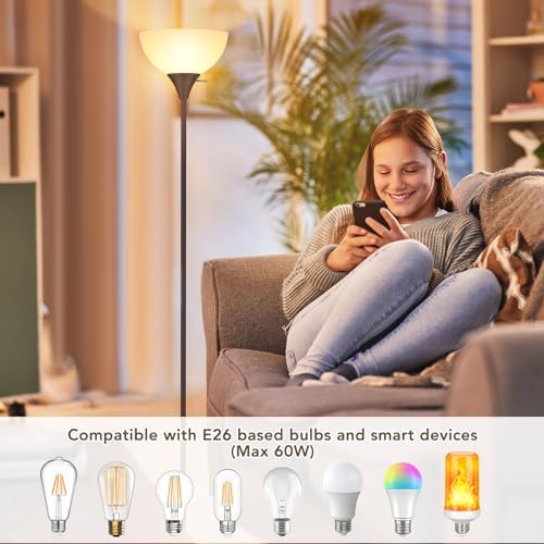 Coucrek Floor Lamp, LED Standing Lamps with White Plastic Shade, Corner Floor Lights for Living Room Bedroom, Rotary Switch, Bulb not Included, Brown - Image 3