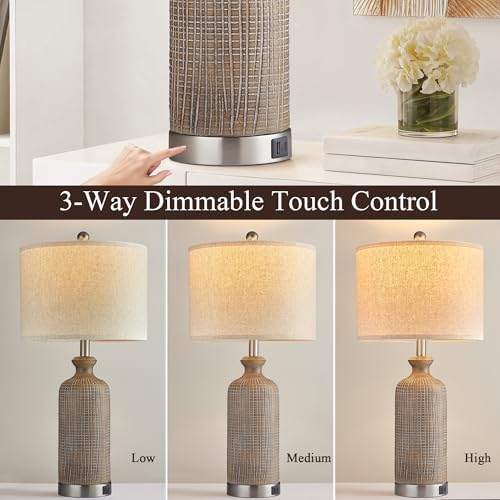 Living Room Lamps Set of 2, 27" Touch Lamps for Nightstand with USB A+C Ports, Modern Farmhouse Table Lamps for Bedroom, Wood Grain, Ceramic - Image 2